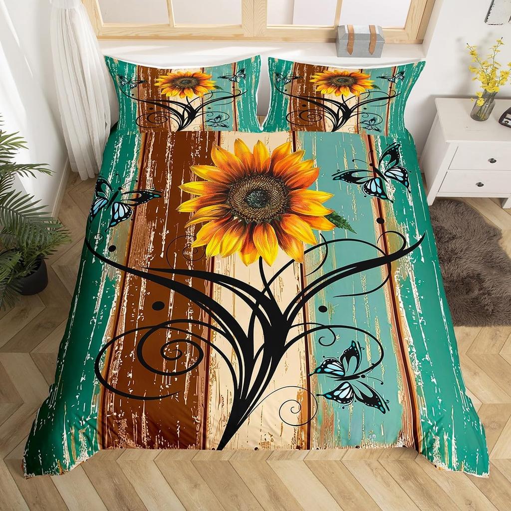 Rustic Farmhouse Bedding Sets Queen Country Butterfly Sunflower Duvet Cover Retro Barn Door Comforter Cover Cabin Lodge Bed Set
