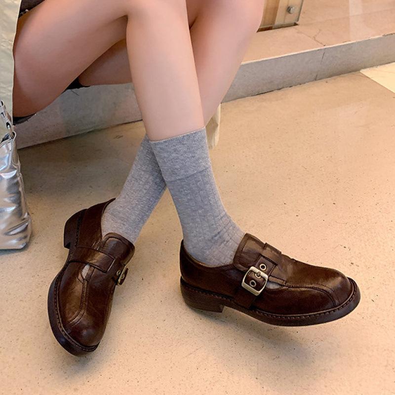 New round head thick sole leather loafers non-slip casual solid color foot cover low-top cowhide women's shoes four seasons single shoes women