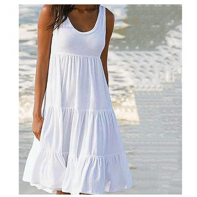 Women's Sleeveless Round Neck Spliced Beach Dress, 7 Colors, 8 Sizes