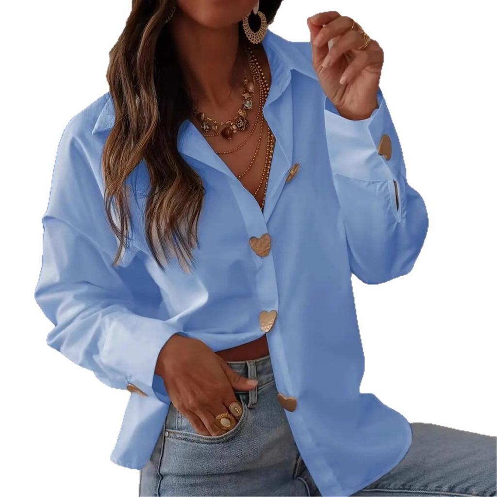 25 European and American Women's Clothing Elegant Temperament Commuting Versatile Love Single-breasted Shirt Shirt Long-sleeved Top