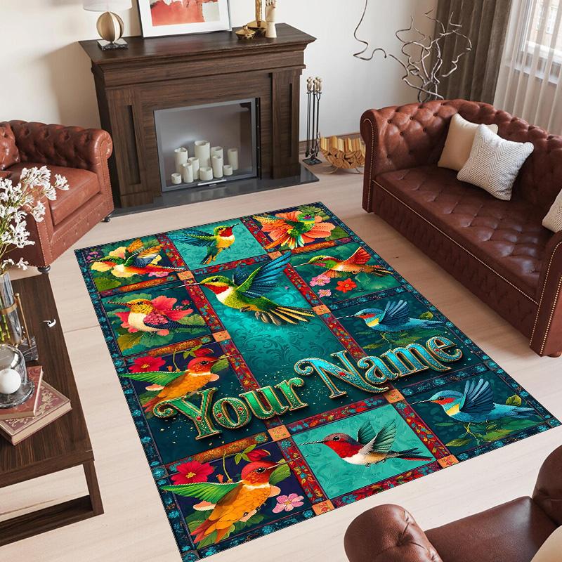 Birds Theme Crystal Velvet Floor Rug Personalized Custom Name Text Warm Carpet Home Decoration