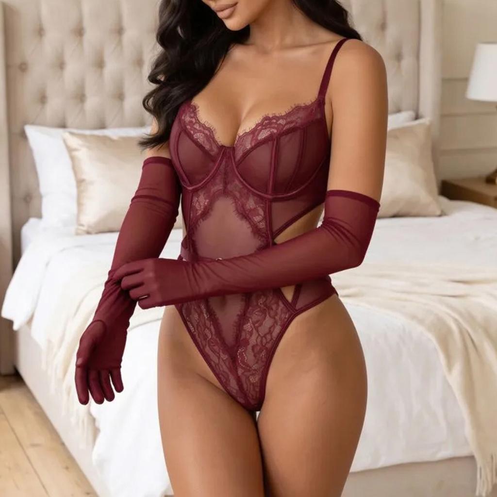 European and American new French lace tights with steel rings gathering straps hollow with mesh gloves sexy onesie