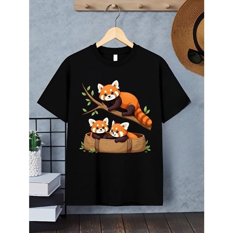 European Sizes Boys' T-Shirt Cute Red Pandas On Branch And Basket, Ideal for Outdoor Activities, Soft Knitted Top, Comfortable And Breathable