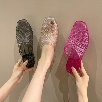 Baotou Cool Slippers Women's Summer Non-slip Slope and Casual Crystal Transparent Lazy Half Slippers Versatile Home
