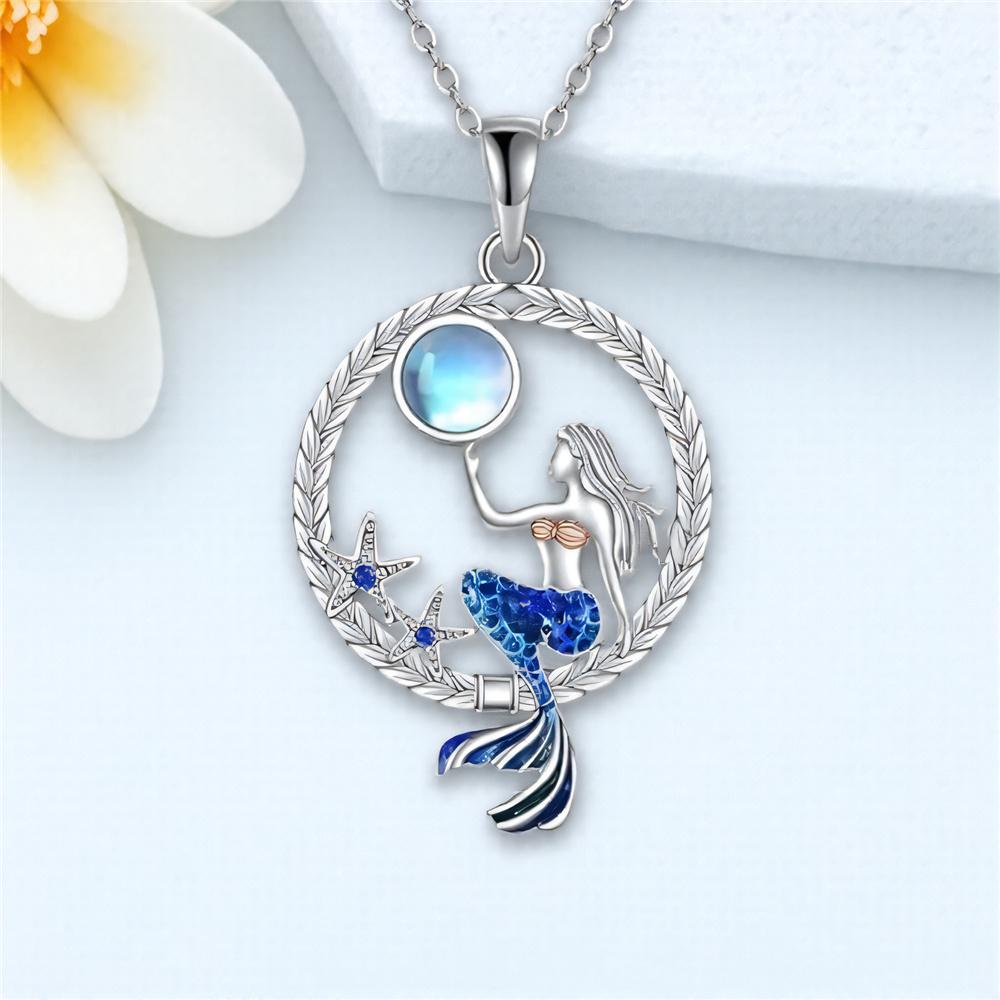 Luxury Female Crystal White Moonstone Mermaid Round Pendant Necklace Vintage Silver Color Wedding  For Women