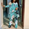 Women Plus Size Printed Irregular Hem Top Round Neck Three Quarter Sleeve Wide Leg Pants Two Piece Outfit