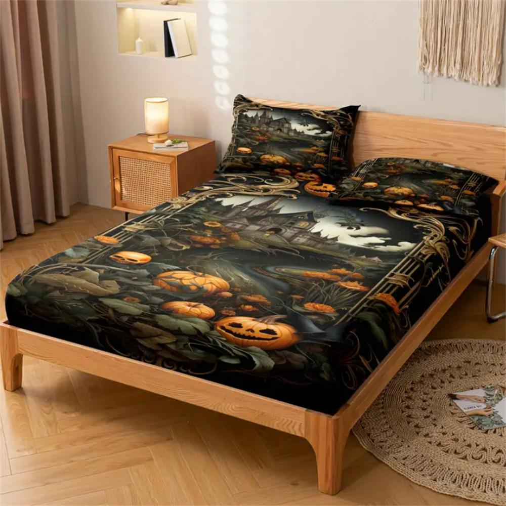 Halloween Pumpkin Castle Theme Bedding Set - 3-Piece Polyester Fitted Sheet & Pillowcase Set, Breathable All-Season Quilted