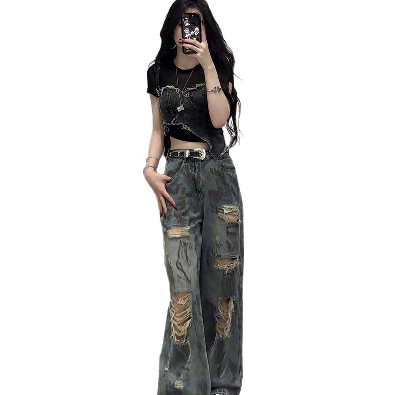 Modische Bequeme Gewaschene Hüftjeans Damen Übergröße Drapierte Gerade Schleppende Lange Hose Jeans für Damen Lange Jeans