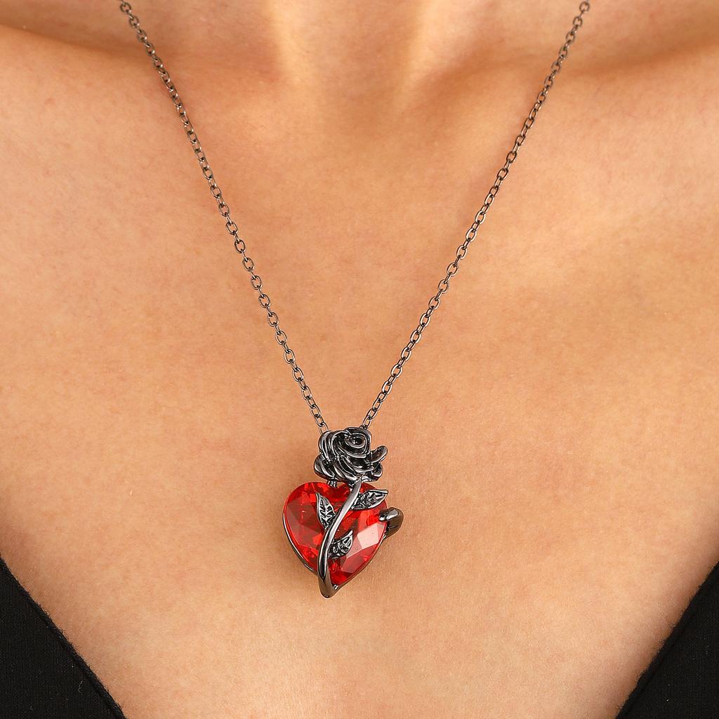 Gothic Dark Style Black Rose Wrapped Red Stone Peach Heart Pendant Necklace
