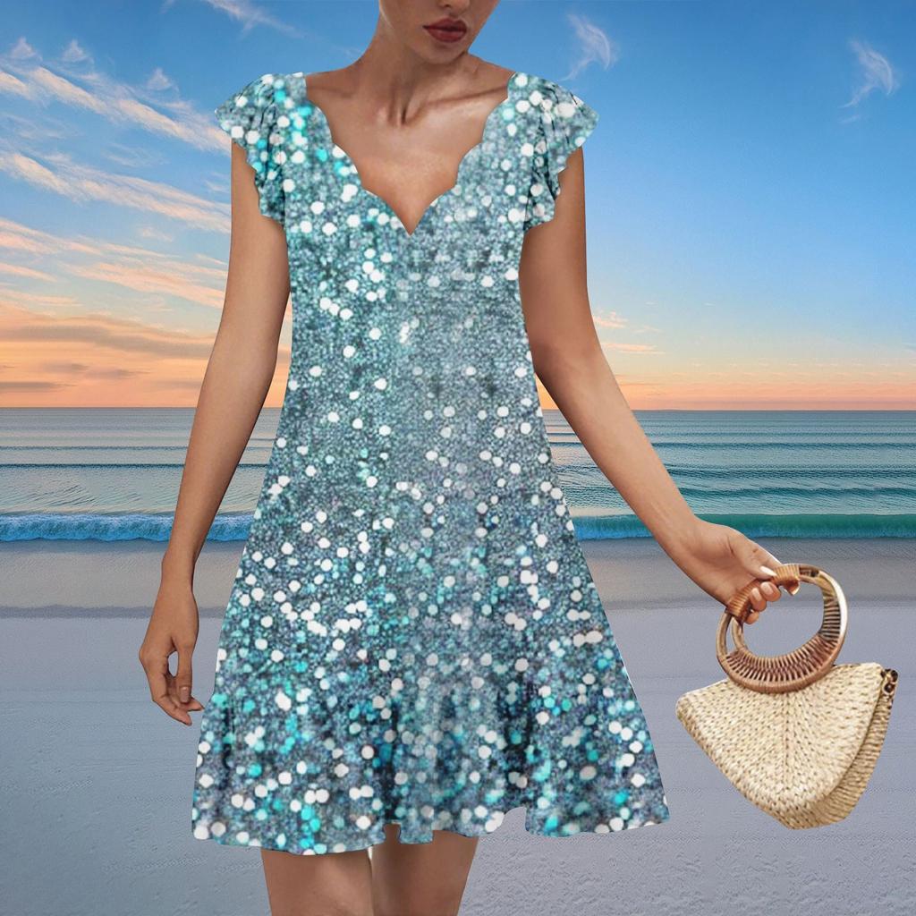 Damenmode Lässig V-Ausschnitt Wellenkante Blumendruck Kurzarmkleid