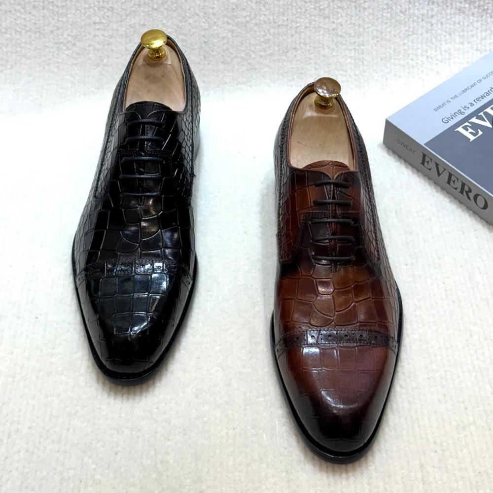 Fashion Luxury Handmade Men's Genuine Leather Dress Shoes Classic Cap Toe Oxfords Lace-Up Formal Business Wedding Office Footwear