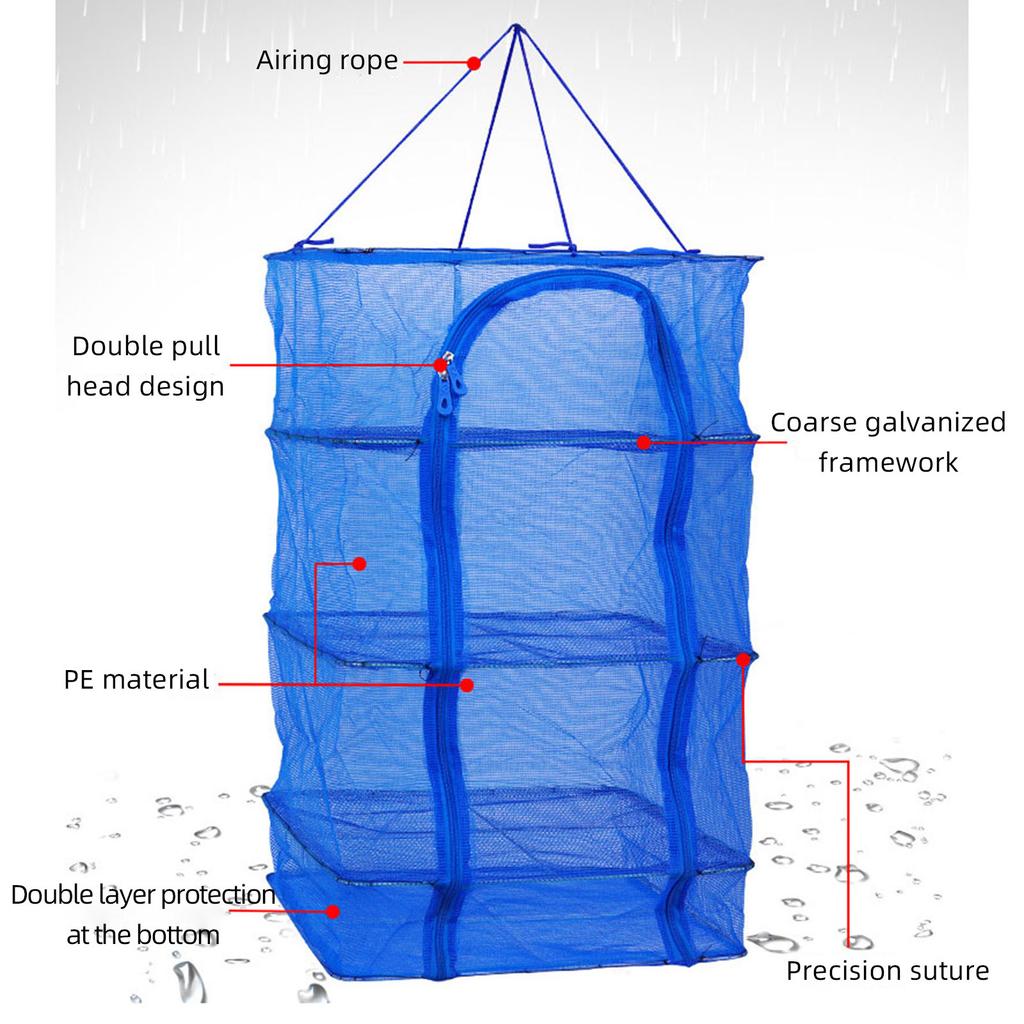 Hanging Foldable Fish Drying Mesh 3 Layers Vegetable Fish Drying Rack Zipper Storage Bag With Lanyard