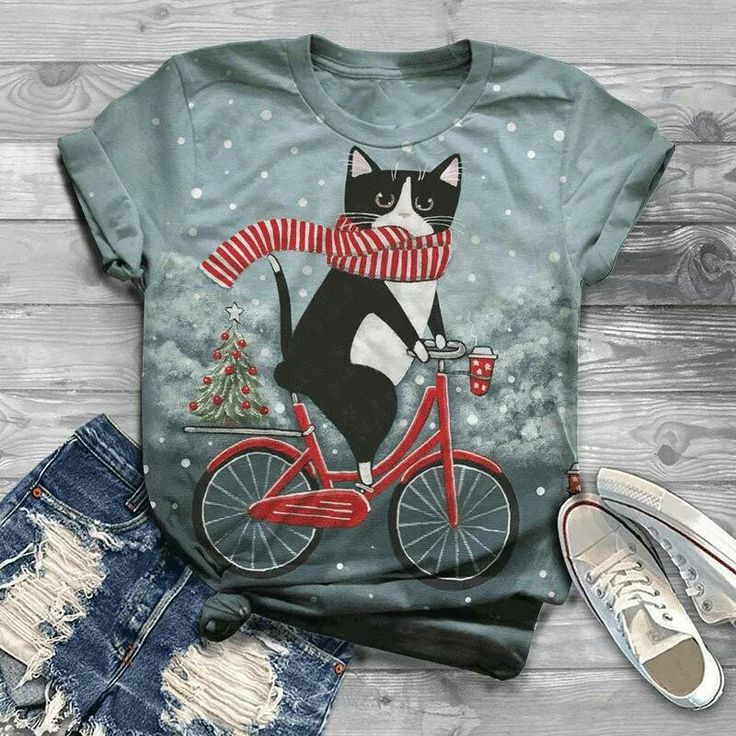 Summer Round Neck 3D Retro Cat Pattern Print Top Fashionable Casual Short Sleeved Women's T-shirts