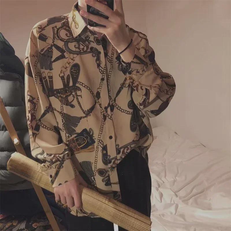 

Мужская свободная рубашка с длинным рукавом и принтом в стиле ретро в стиле Гонконга XXL жёлтый