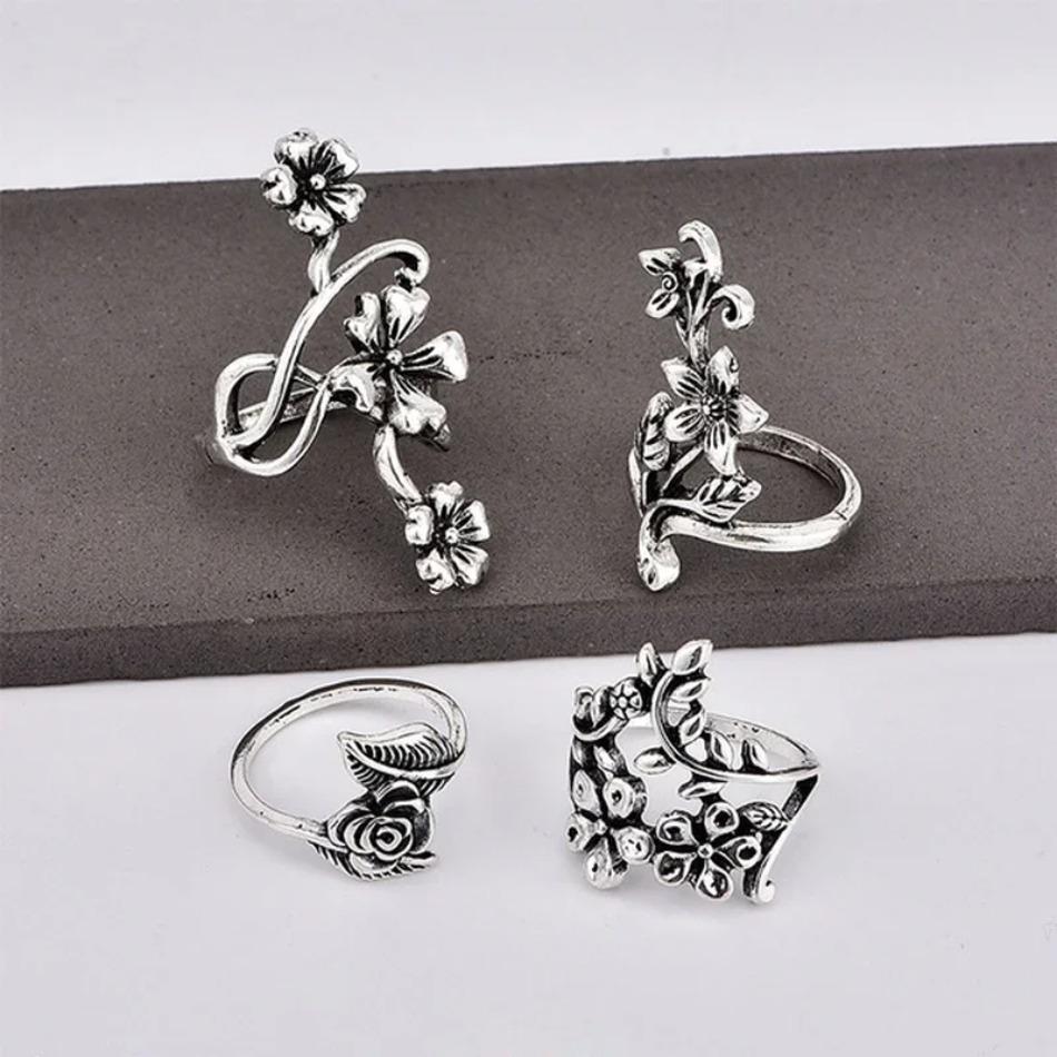 4 Pieces/set New Popular Women's Fashion Retro Personality Ancient Silver Forest Vine Leaf Flower Hollow Ring Set