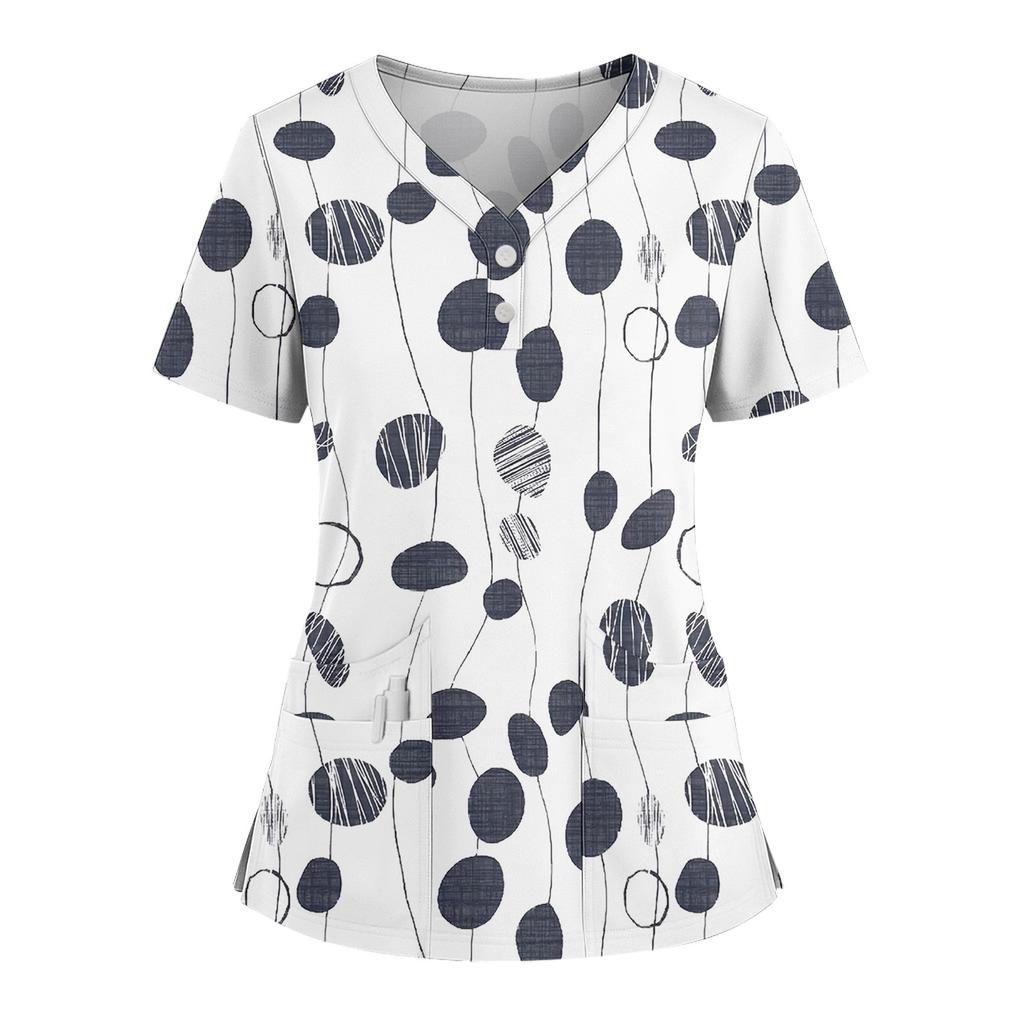 Women's Loose Short Sleeved Fashionable Polka Pots And Geometric Printing V-neck Buttonable Side Slit Top T-shirt