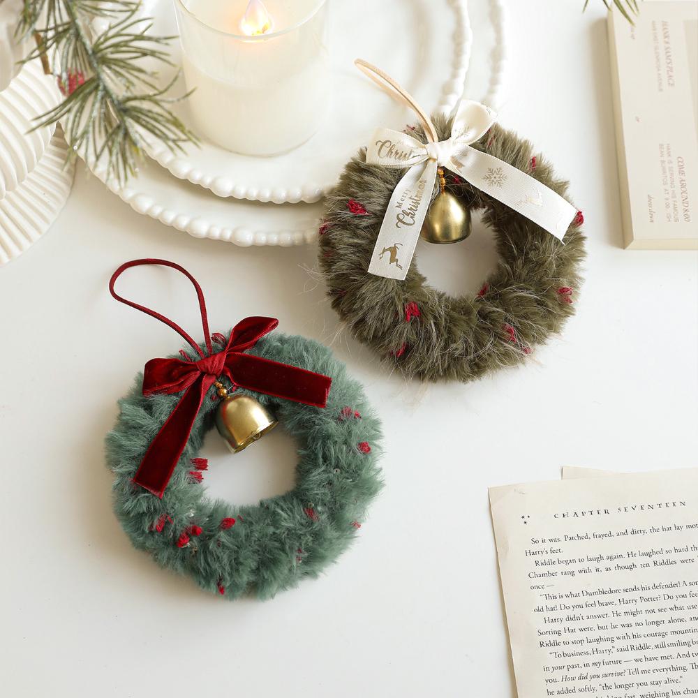 Plush Christmas Wreath Ribbon Bow Bell Christmas Tree Pendant Decoration Window Xmas Atmosphere Hanging Decoration Accessories
