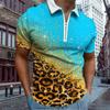 Lässiges Revers-T-Shirt Herrenmode Reißverschluss-T-Shirt Kurzarm-T-Shirt Herren 3D Leopard Glitzerdruck T-Shirt