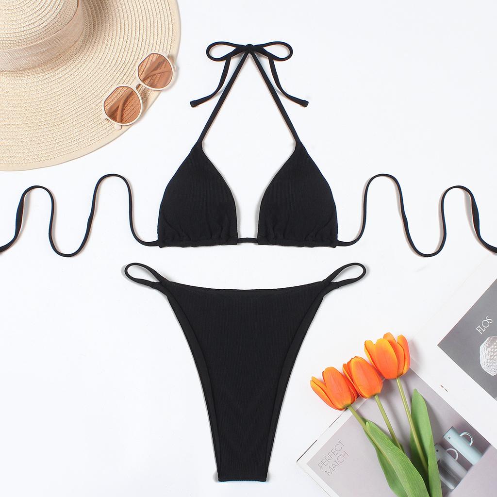 European and American Bikini Pit Strip Solid Color Neck Tether Tight Halter Sexy Hot Girl Three-point Swimsuit Female Bikini