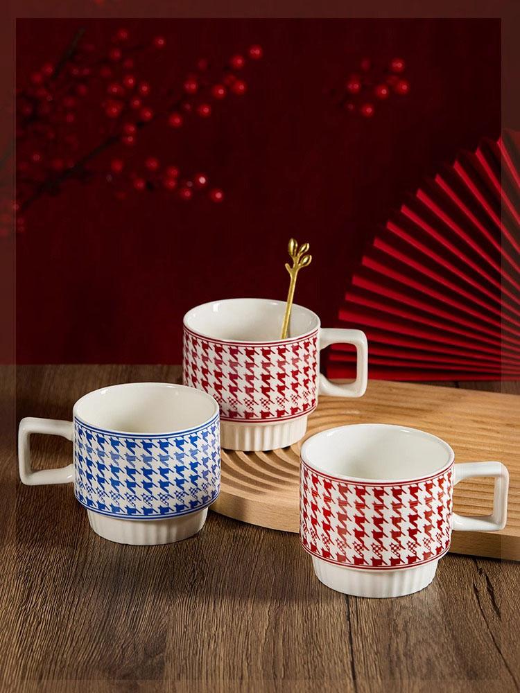 Nordic Houndstooth Ceramic Mug – Retro Coffee Cup with Handle, Spoon Classic Pattern, 400ml
