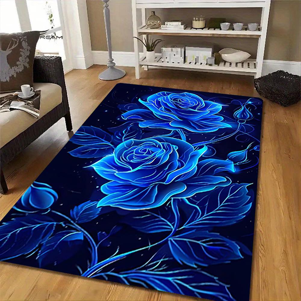 Blue Rose Floral Pattern Decoration,Carpet,Living Room,Bedroom, Non-slip,Square Rug