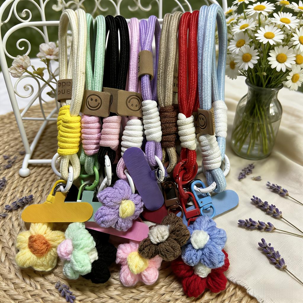 Hand-knitted Cell Phone Lanyard - With Flower Keychain Charm