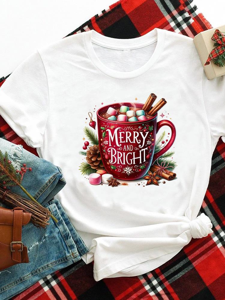 (Asian Size) merry Christmas new year o-neck Women's Top T Clothing Print lovely trend cute Short Sleeve T-shirts Fashion holiday Graphic Tee