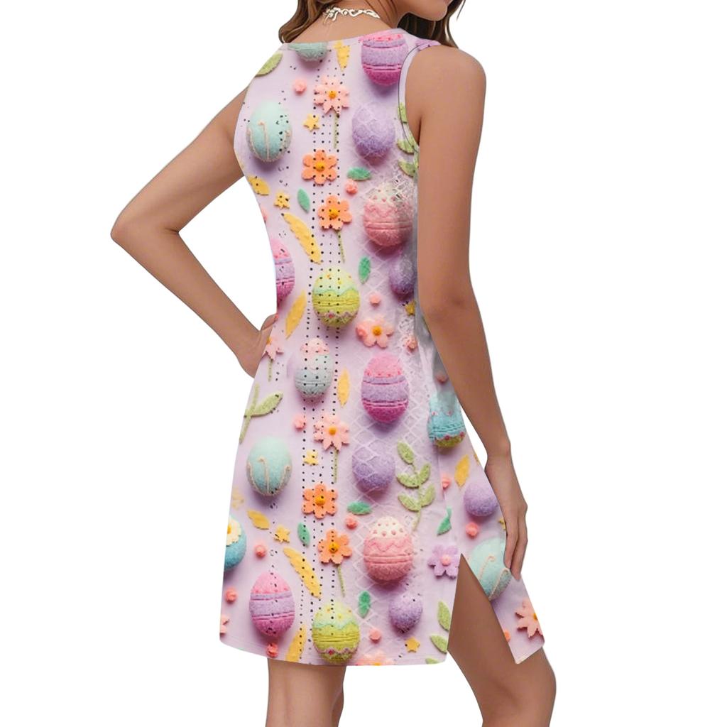 Damen Lässiges Modisches Atmungsaktives Bedrucktes Trägerkleid Mit Taschen Und Geschlitztem Saum