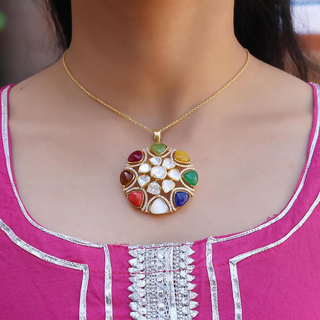 Moissanite Gold Plated Pendant, Indian Kundan Pendant 925 Sterling Silver Handmade Jewelry Women Polki Jewelry