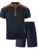 Men's Summer Plaid Stand Collar Short Sleeve T-shirt & Shorts Set