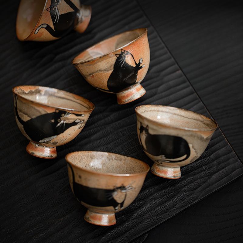 Japanese Ceramic Cute Black Cat Teacup Kiln Change Small Kung Fu Master Single Cup for Teaware Tea Ceremony Decorative Cup New