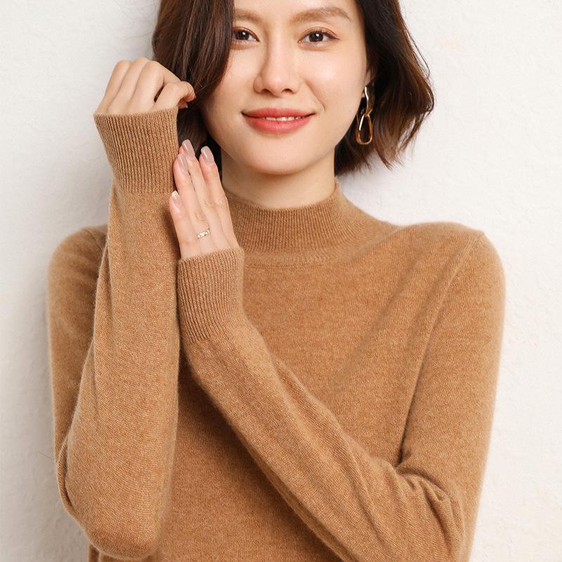 Women's Chic Short Knitwear Top - Half-High Neck, Long Sleeve, Autumn/Winter Style