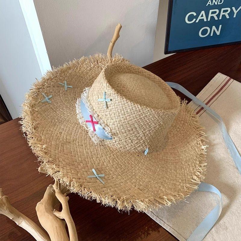 

Sweet Raffia Straw Hat Handmade Frayed Edge Sun Hat with Blue Ribbon Bow Lace Trim Summer Beach Vacation UV Protection Cap 6FJY beige
