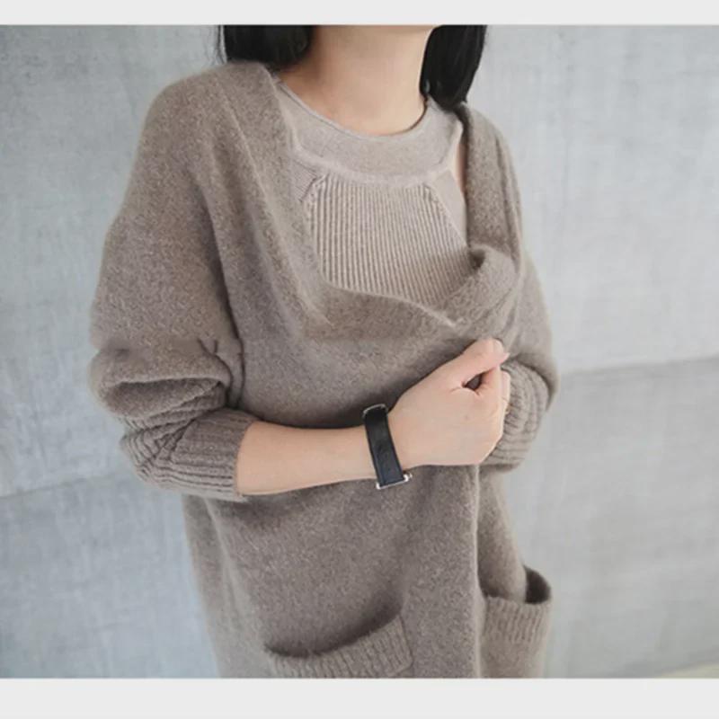 Fall/Winter 2025 Women's Korean Loose Knit Cardigan - Solid Color, Long Sleeve, Mid-Length, Thickened Sweater Coat
