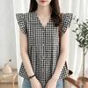 ZANZEA Women Casual V-Neck Ruffles Short Sleeve Plaid Print Blouse