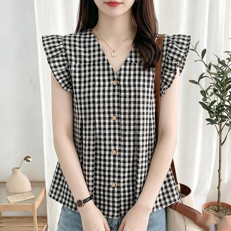 ZANZEA Women Casual V-Neck Ruffles Short Sleeve Plaid Print Blouse M