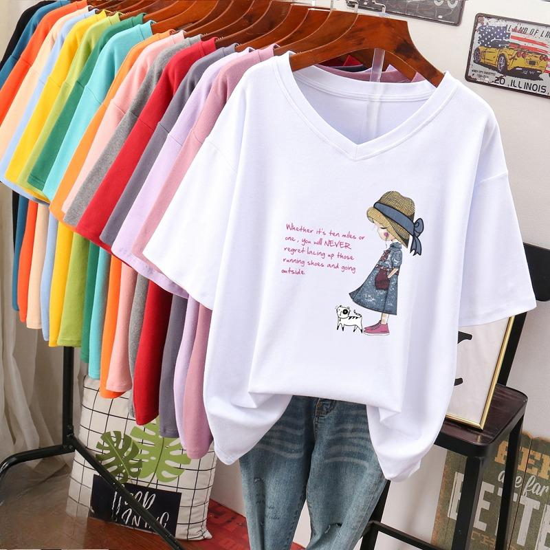 

Футболка з коротким рукавом, Вільного крою, Приталена футболка з V-подібним вирізом з принтом для жінок S білий