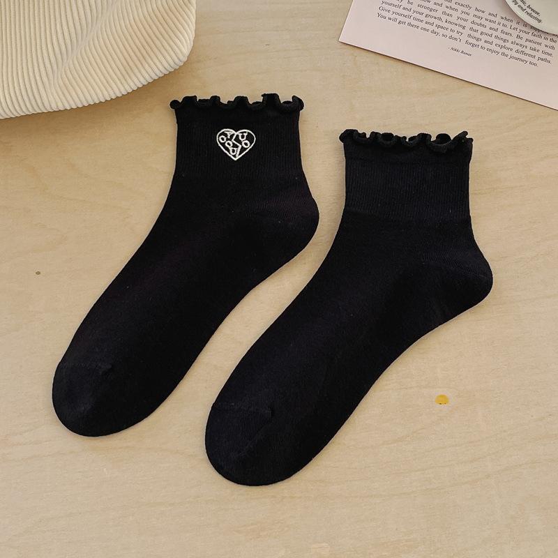 Spring Socks for Women Short Calf Black and White Mushroom Edge Solid Color Mid Calf Socks Embroidered All In One Machine Cotton Socks Thin Style