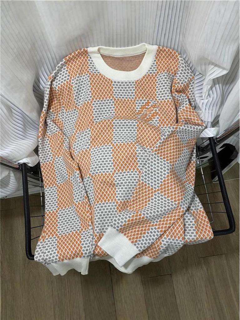 LV 25 Unisex Plaid Checkerboard Jacquard Sweater - Color Block, Round Neck, OS Fit