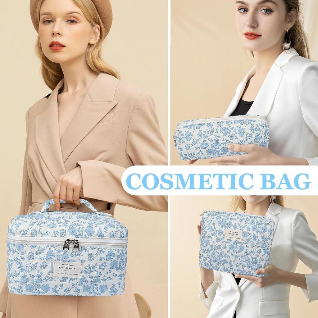 Gosect Makeup Bag, Large Quilted Cosmetic Bag, Big Floral Make Up Bag for Women Girls, Cute Cotton Makeup Bag Set, Flower Travel Toiletry Organizer