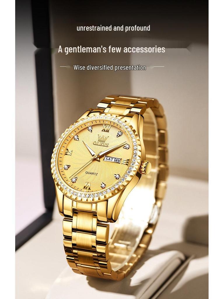 OLEVS Luxus Gold Diamantenbesetzte Wasserdichte Herrenuhr