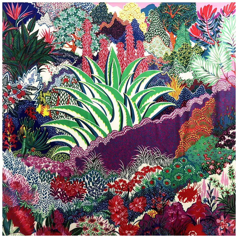 POBING Silk Scarf Women Large Shawls Plant Garden Stoles Square Bandana Luxury Kerchief Hijabs Scarf Female Foulards 130CM
