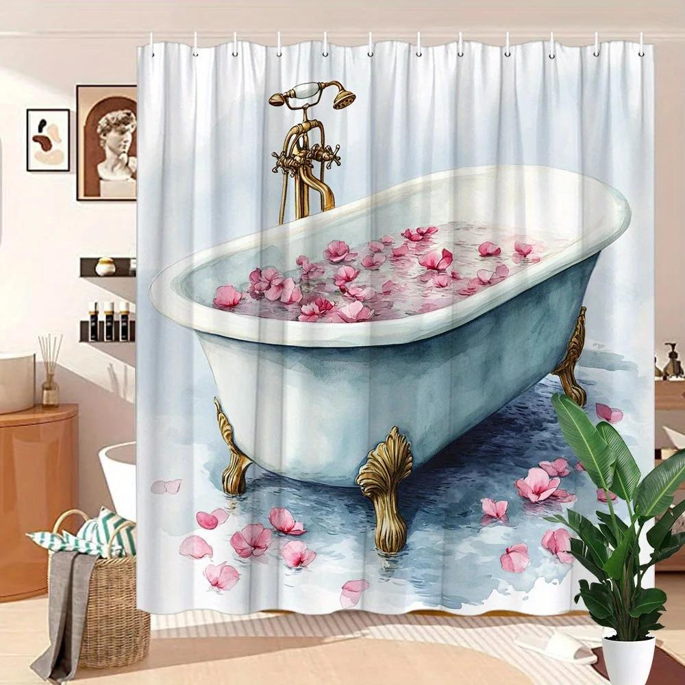 Vintage Clawfoot Bathtub Shower Curtain - Rose Petals, Polyester, Washable, 12 Hooks, 70.8x70.8 Inches