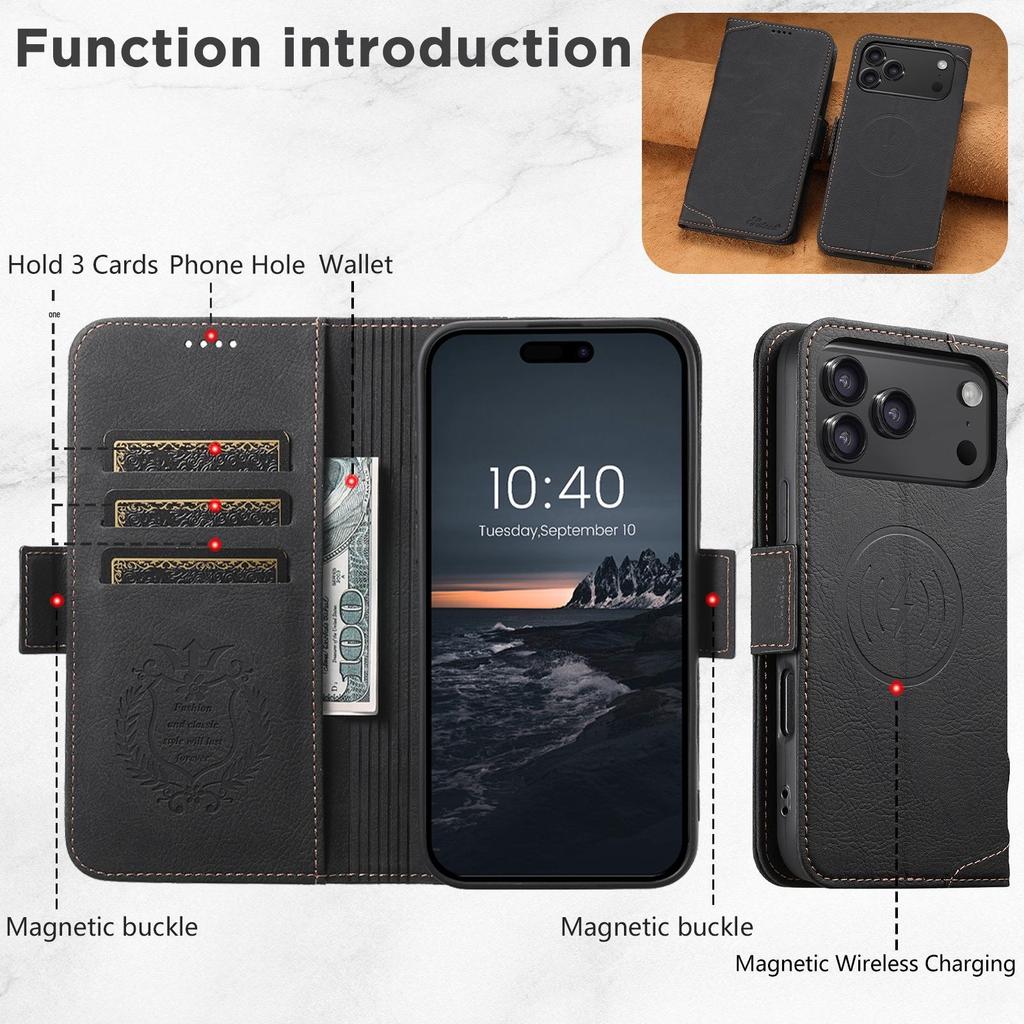iPhone 17 Pro Flip Case with MagSafe, Card Slot, Wireless Charging, Stand, and Protective Leather Design
