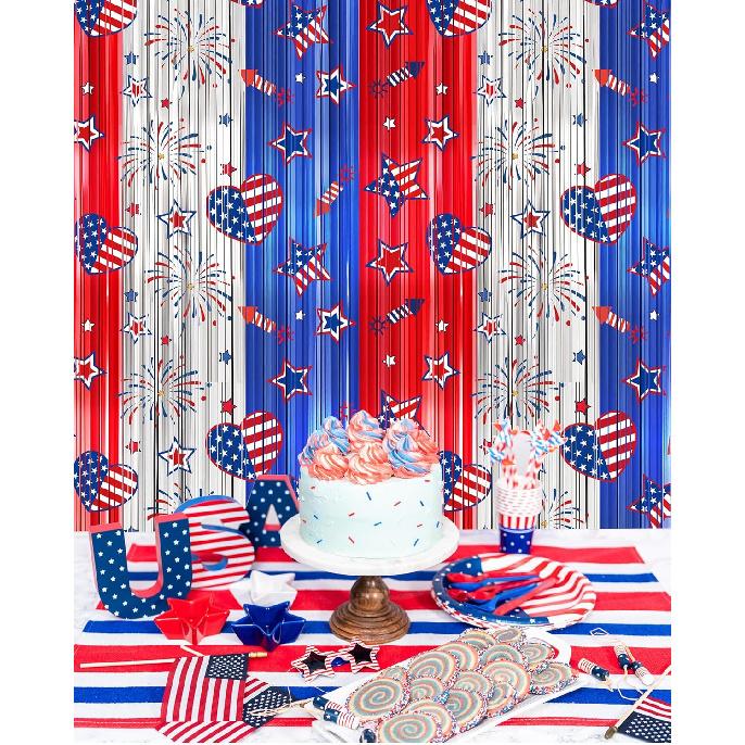 4th of July Decorations Foil Fringe Curta for Memorial Day, 2 Pack Fourth of July Decor Party Backdrop Red White and Blue Tel Streamer, Patriotic
