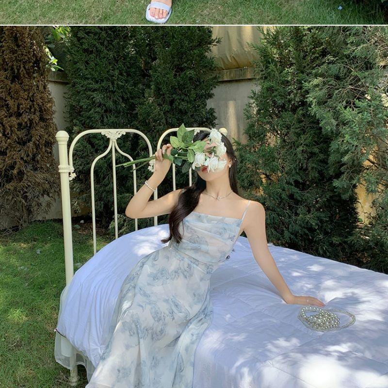 Women's Blue Floral Strappy Dress - French Tea Party, Waist-Cinched, Long Summer Beach Dress