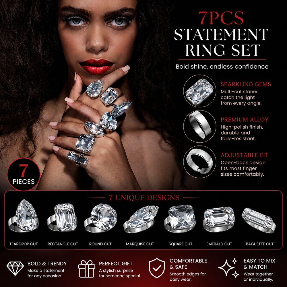 7PCS Rhinestone Crystal Square Rhinestone Ring Large Size Large Crystal Ring
