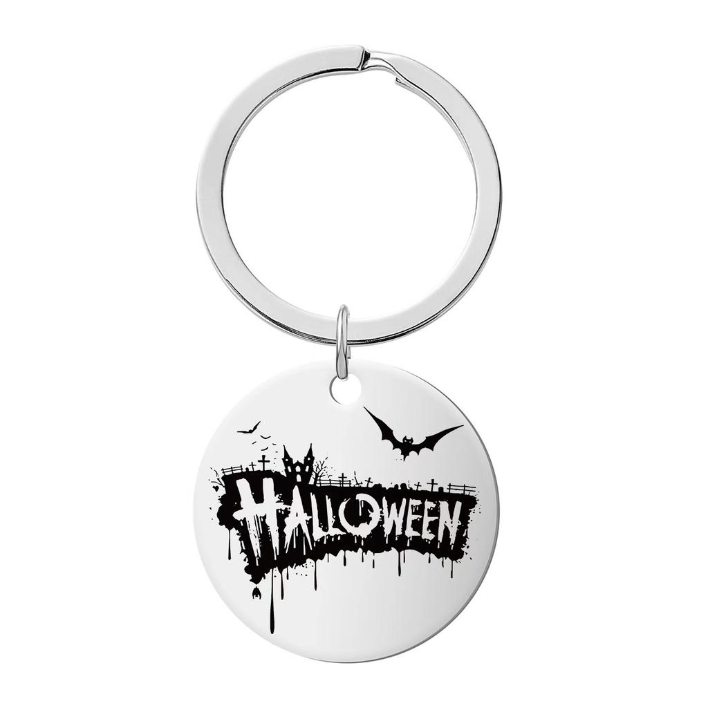 Halloween Keychain Pendant Stainless Steel Laser Engraved Round Tag Hanging Ornament Jewelry Stainless Steel Keychain for Backpack Bag Pendant