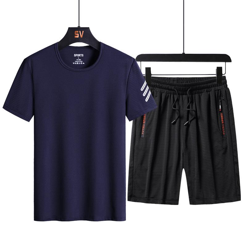 

Dm Men s Sports Suit Casual Short Sleeved Ice Silk Round Neck T-shirt Half Sleeved Shorts Running Loose Fit Fitness 9XL