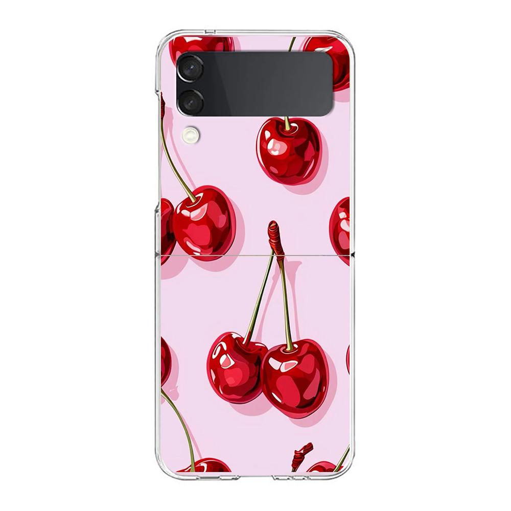 Transparent Phone Case For Samsung Galaxy Z Flip 3 4 5 6 7 Hard Folding PC Z Flip3 Flip4 Cover Red Cherry